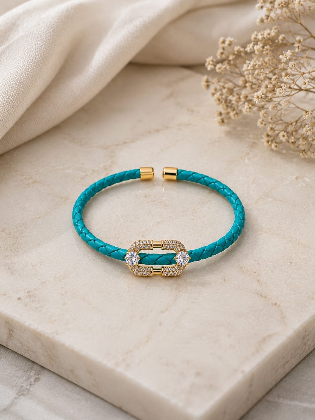 Aqua Crystal Link Leather Bracelet