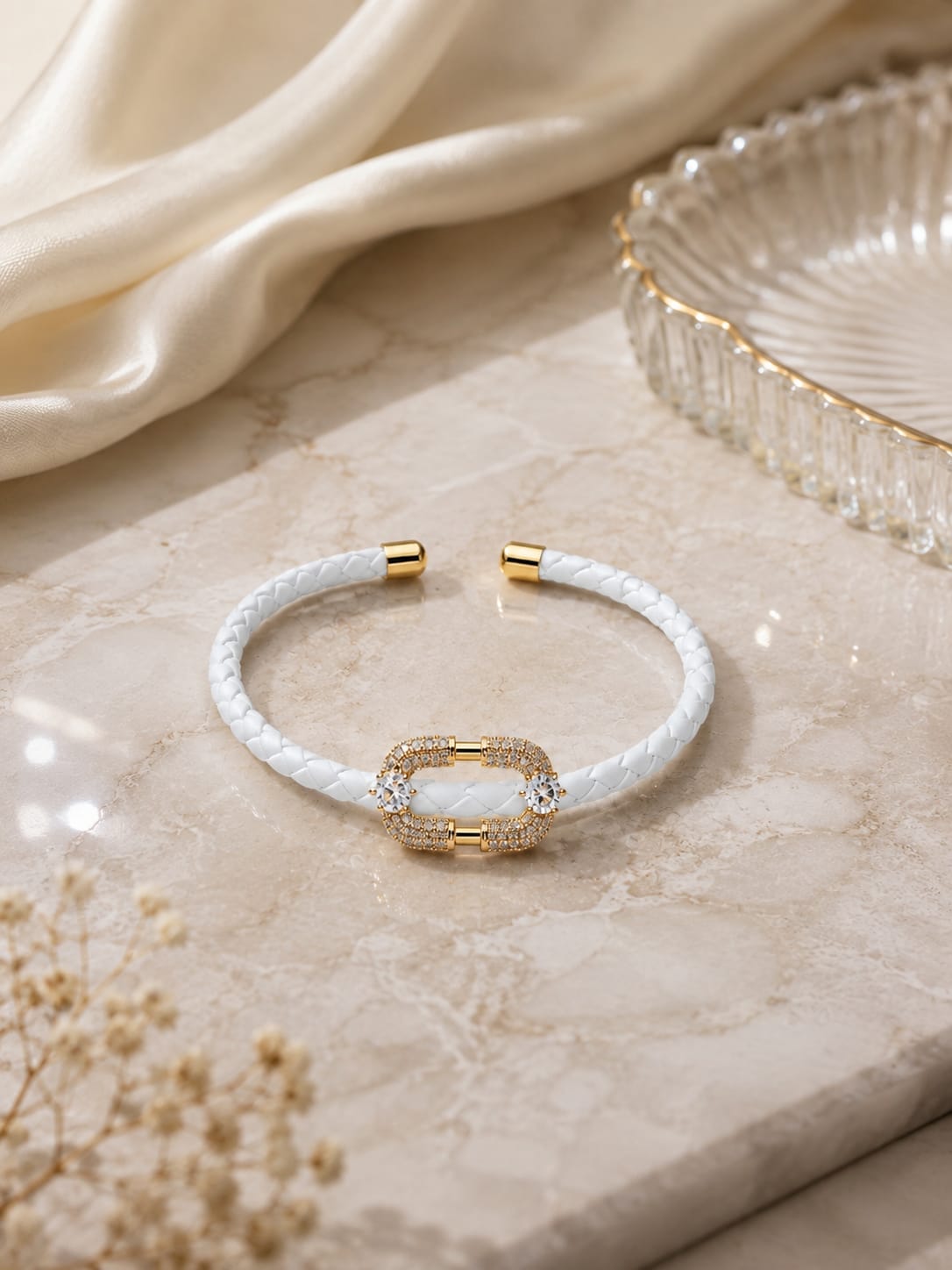 White Crystal Link Leather Bracelet