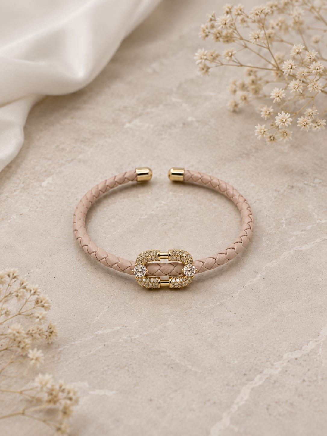 Nude beige Crystal Link Leather Bracelet