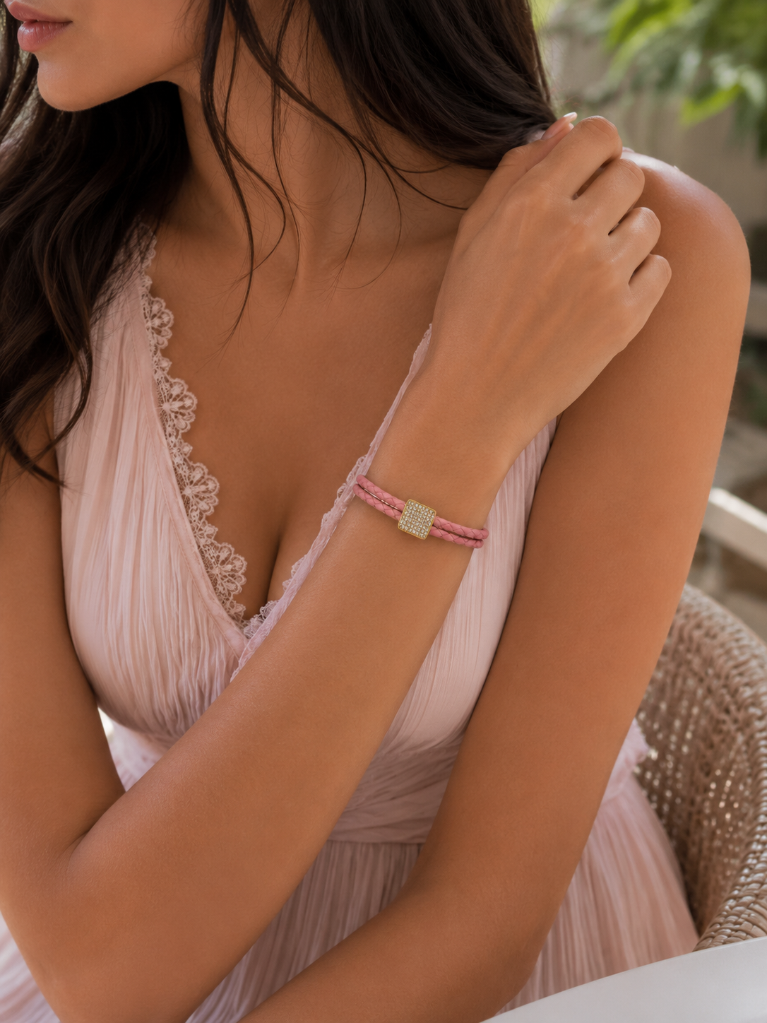 Blush pink Crystal Square Leather Bracelet