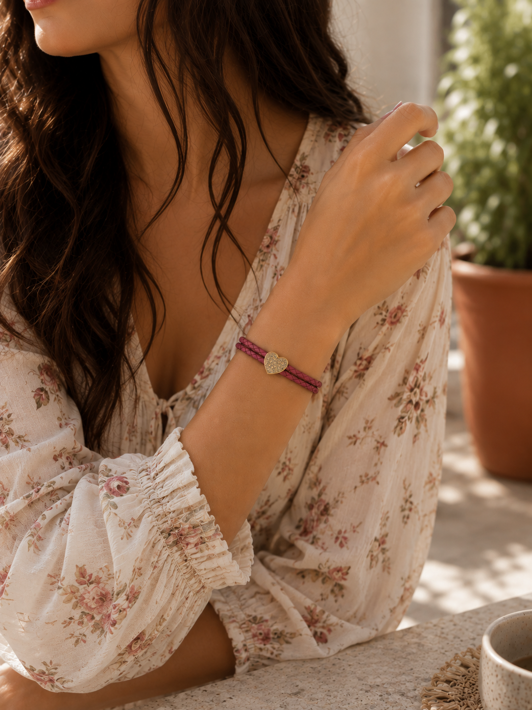 Pink Crystal Heart Leather Bracelet