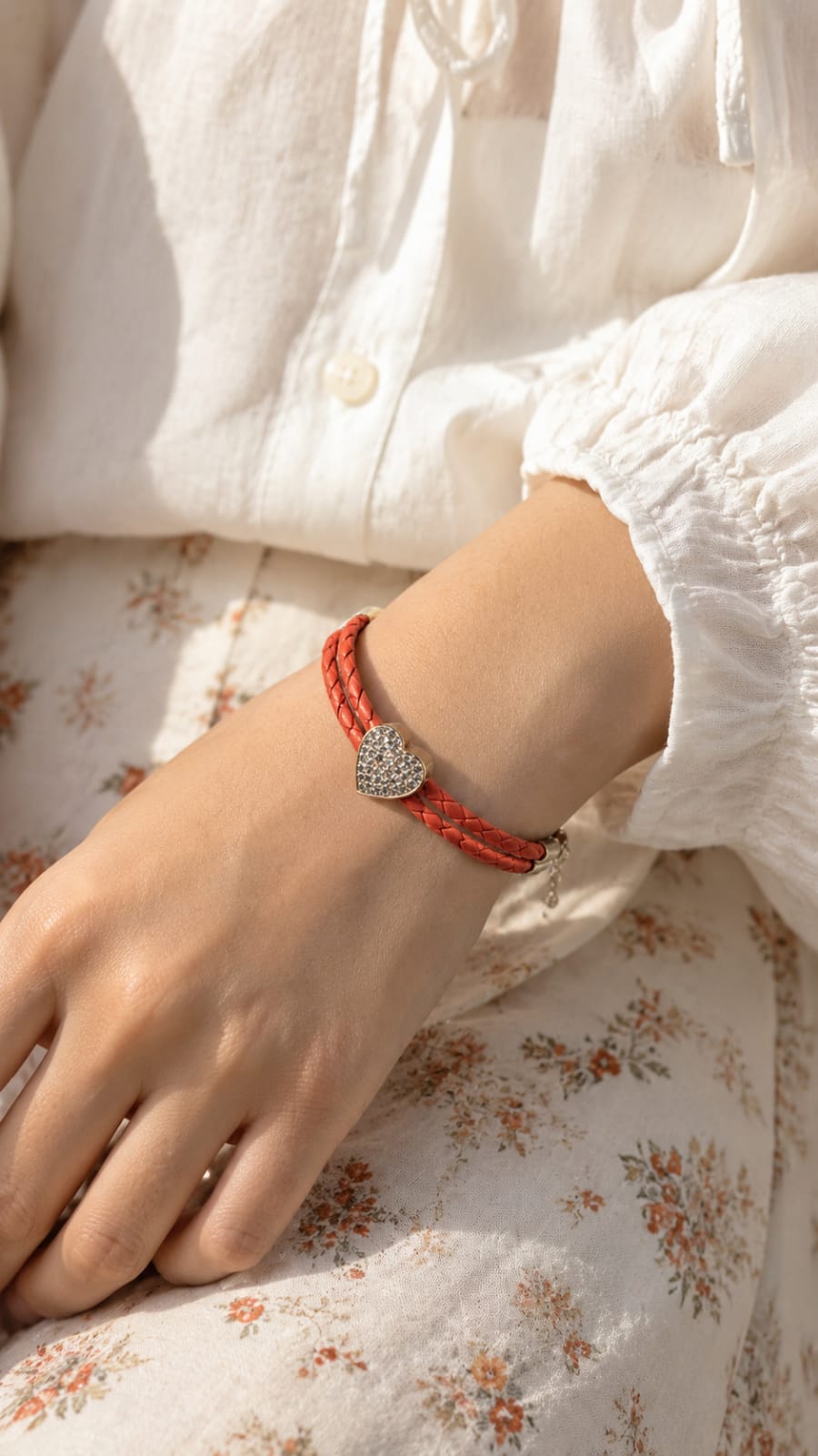 Orange Crystal Heart Leather Bracelet