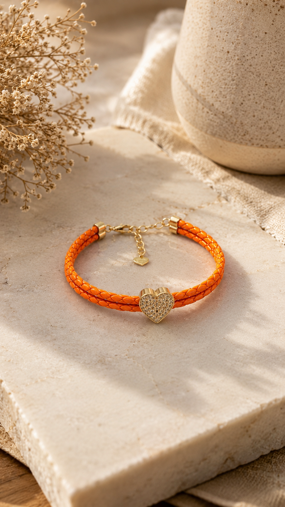 Orange Crystal Heart Leather Bracelet