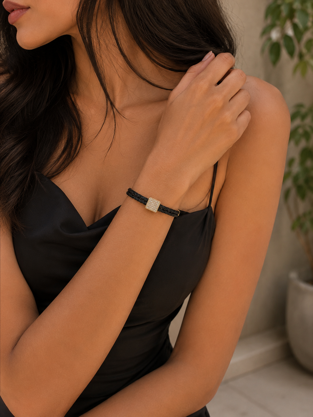 Black Crystal Square Leather Bracelet