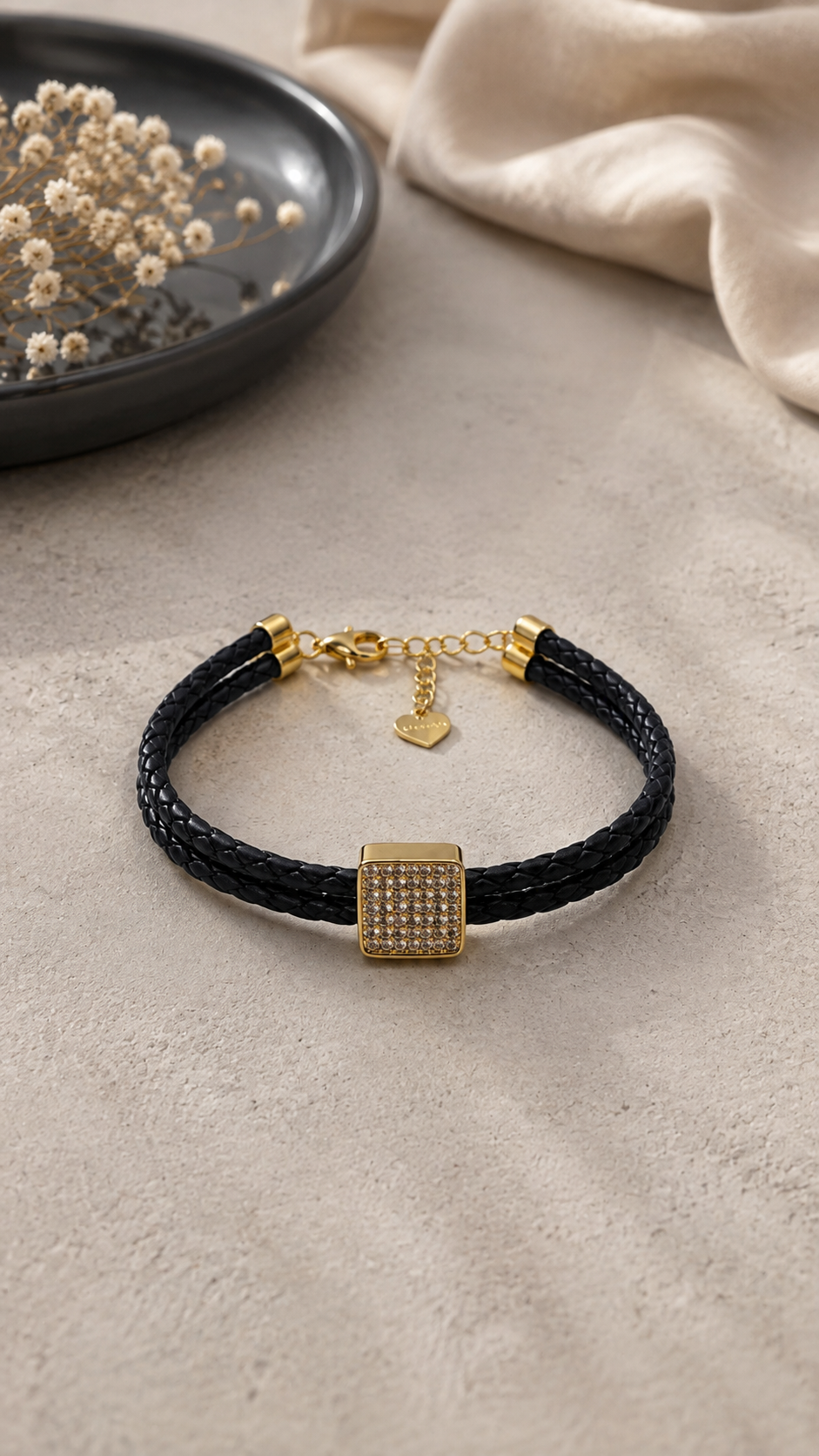 Black Crystal Square Leather Bracelet