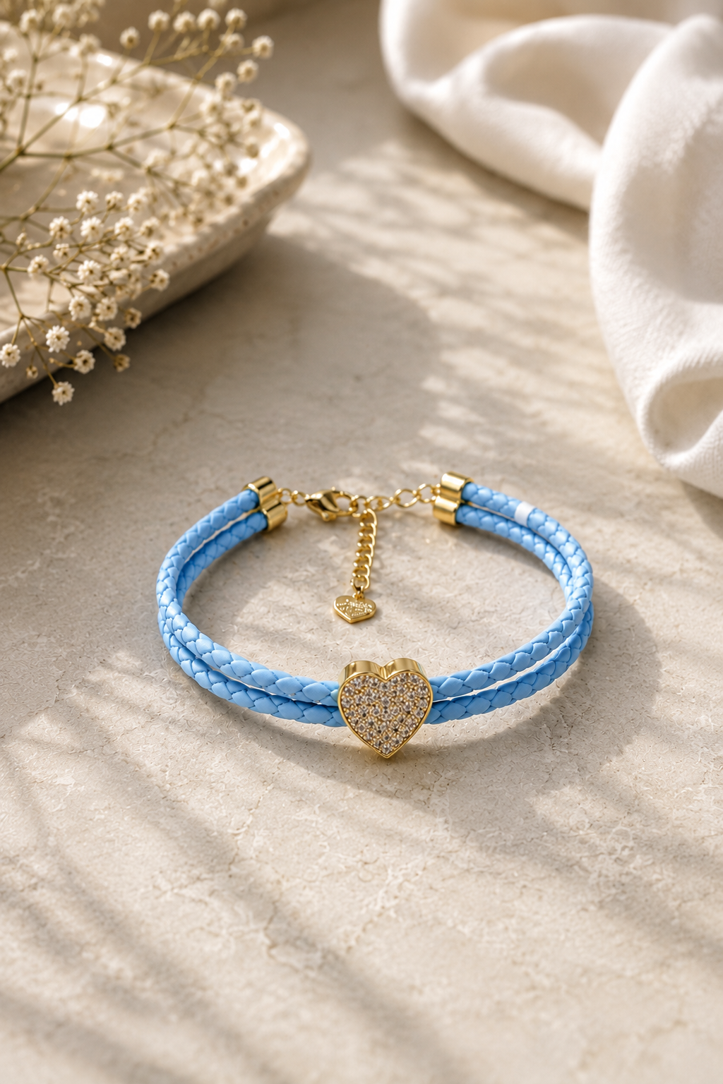 Baby Blue Crystal Heart Leather Bracelet