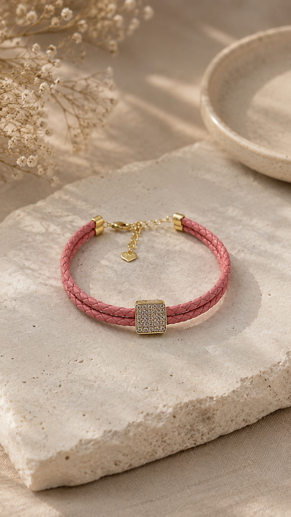 Blush pink Crystal Square Leather Bracelet