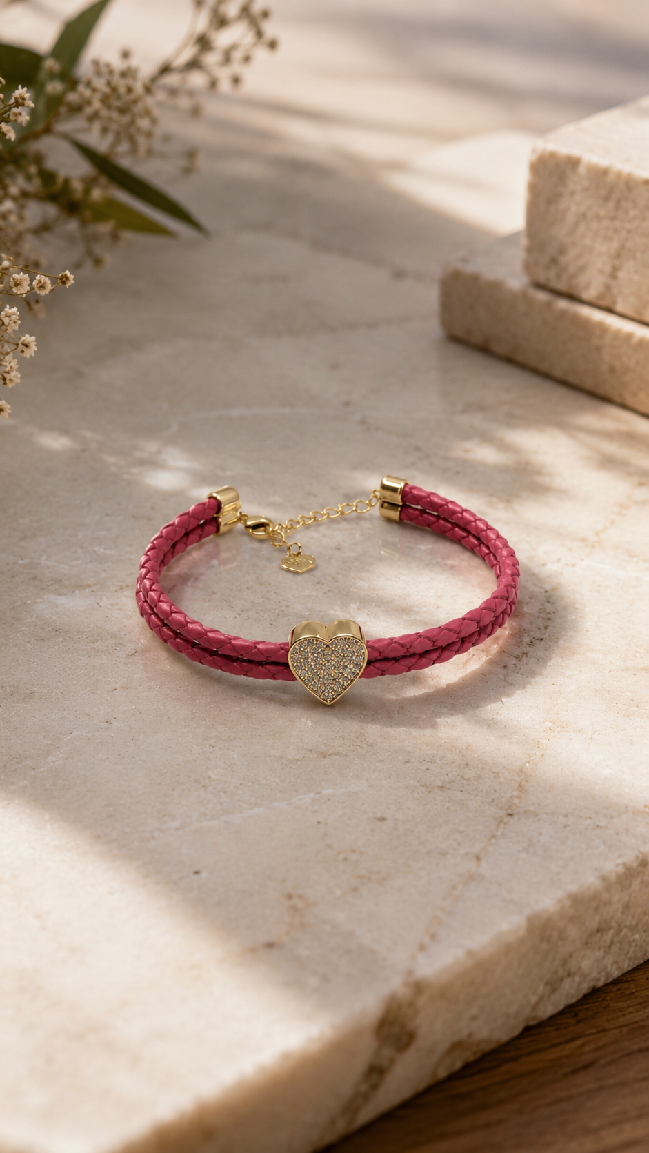 Pink Crystal Heart Leather Bracelet