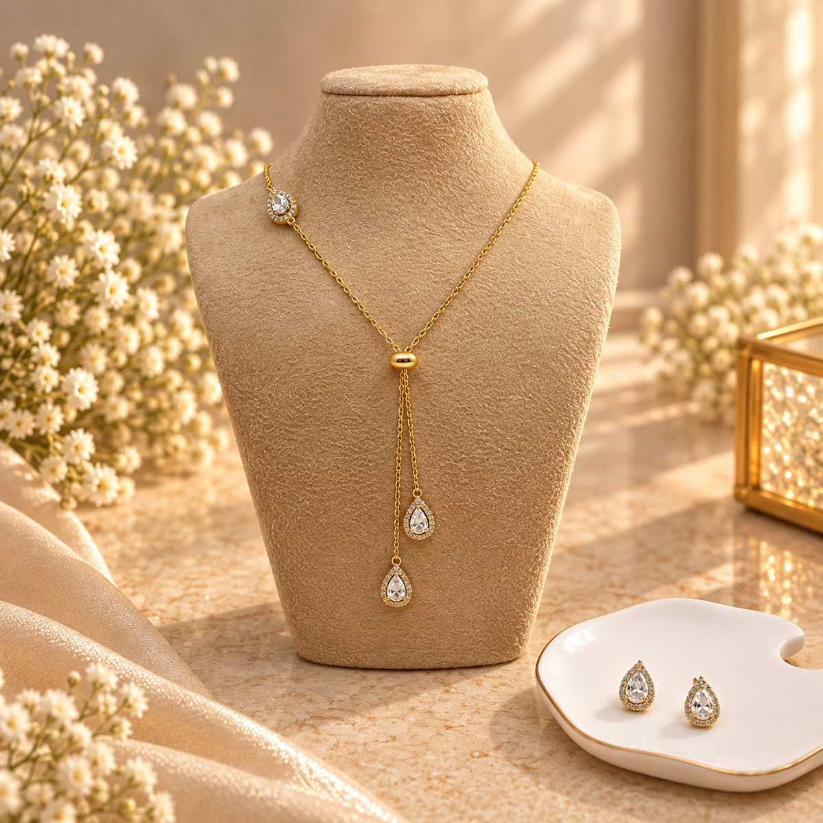 Crystal Teardrop Halo Necklace Set