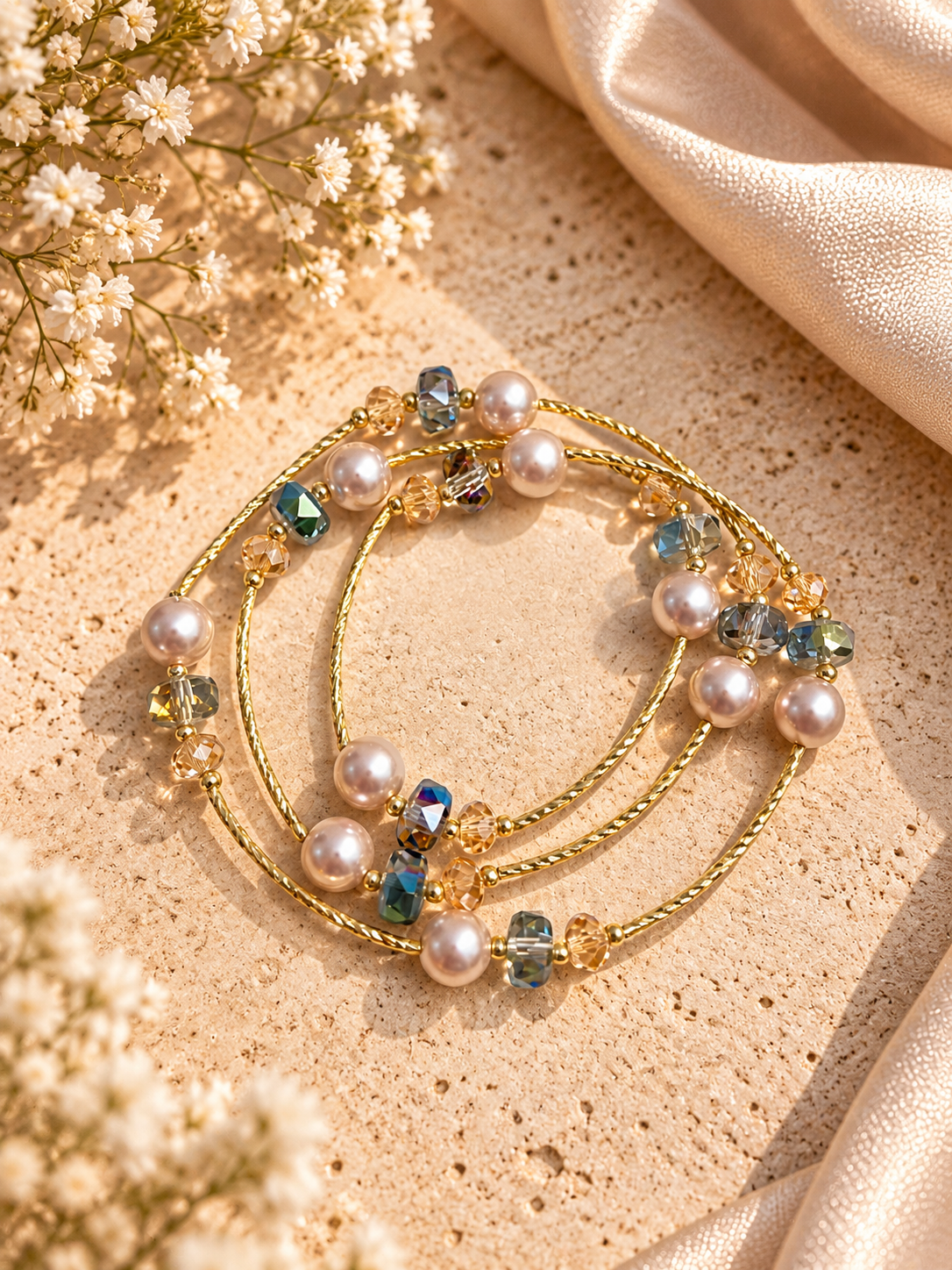 Multi Stones Layered Pearl Bracelet