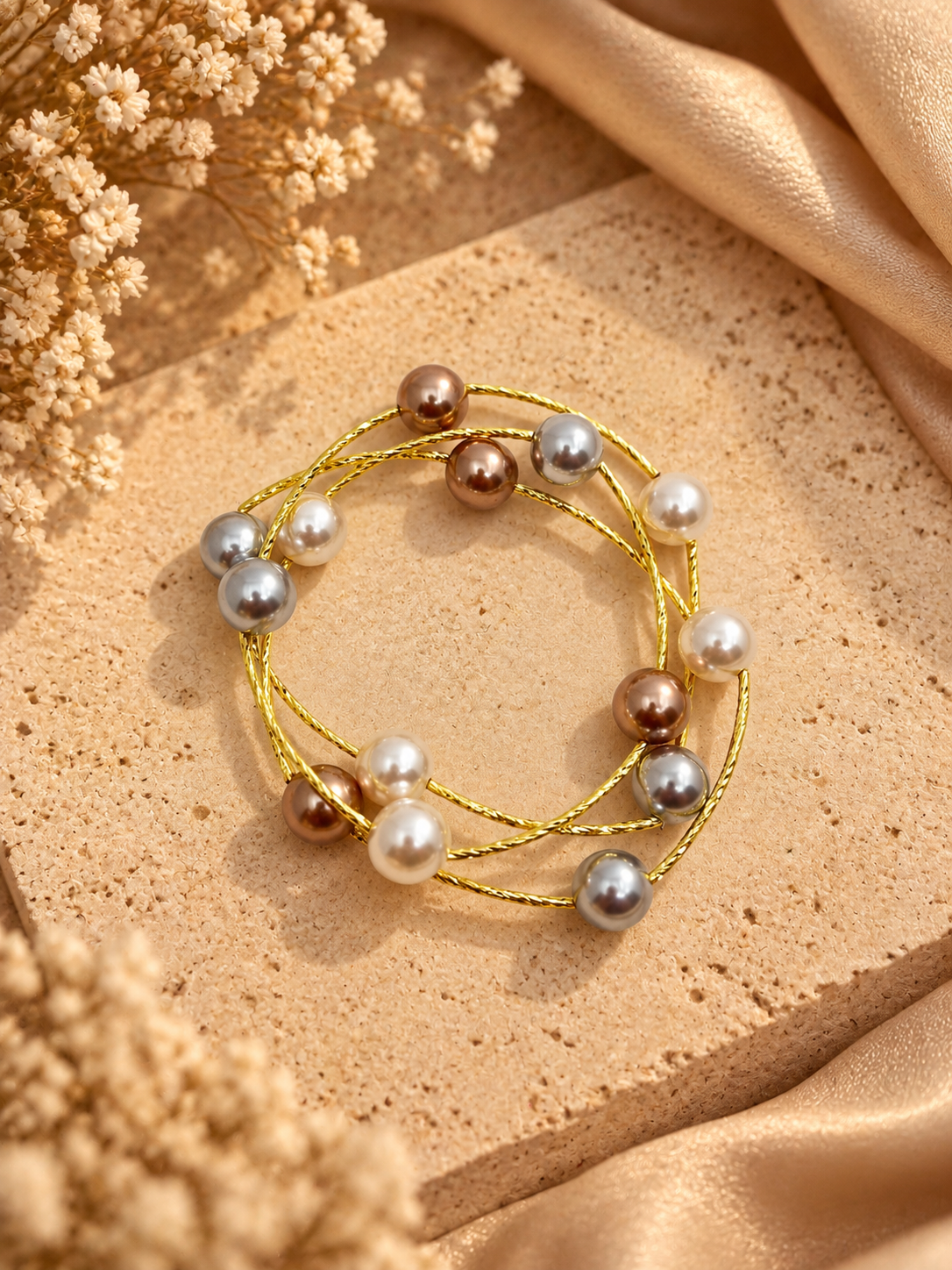 Three Tone Brown Layered Pearl Bracelet