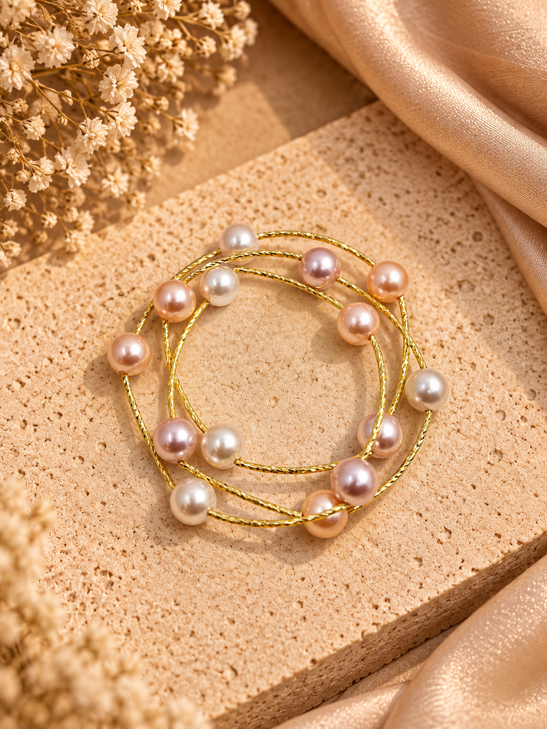Three Tone Peach Layered Pearl Bracelet
