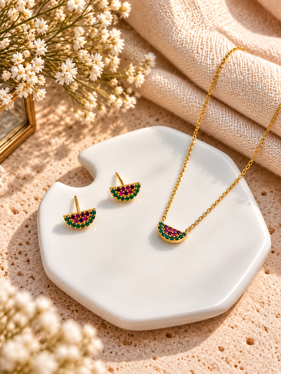 Ruby Emerald Crescent Jewellery Set