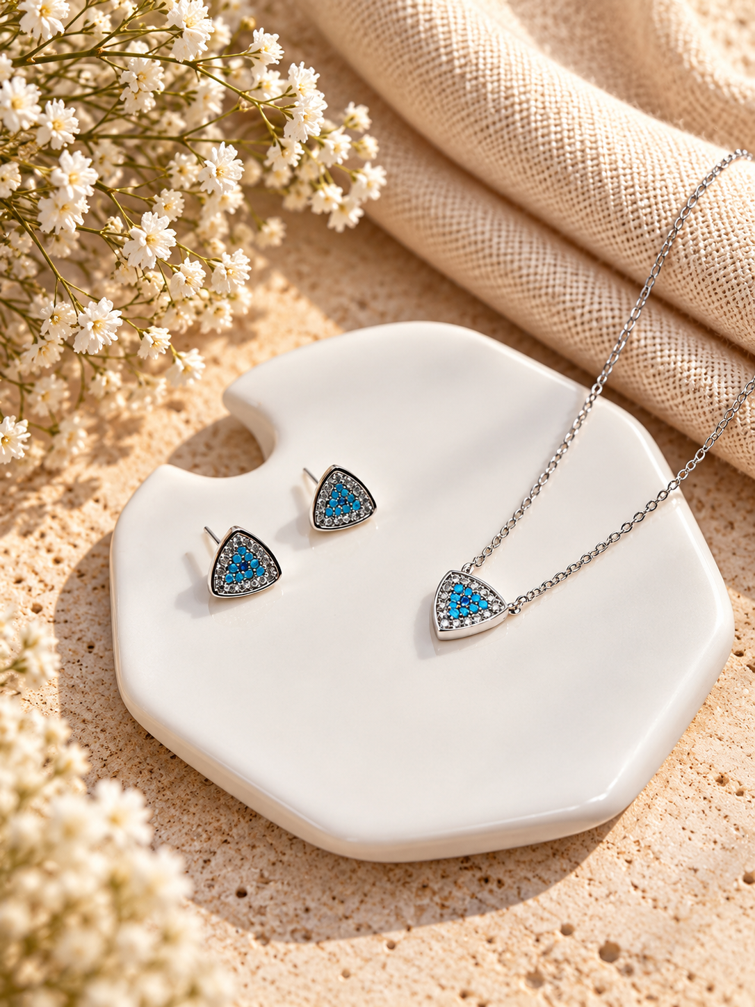 Blue Azure Halo Triangle Jewellery Set