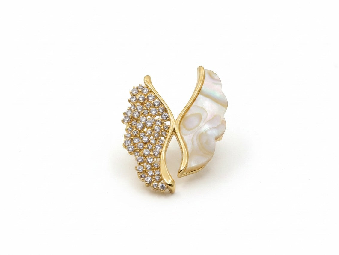Daga-accessories angel wings brooch featuring iridescent Mother of Pearl and sparkling crystal studs in gold tone