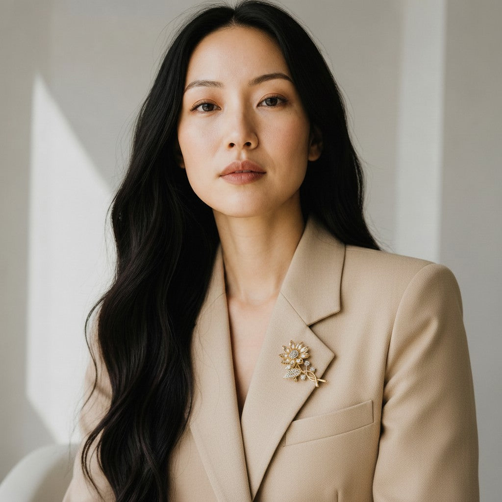 Daga-accessories crystal studded flower brooch pinned on a woman wearing a beige blazer