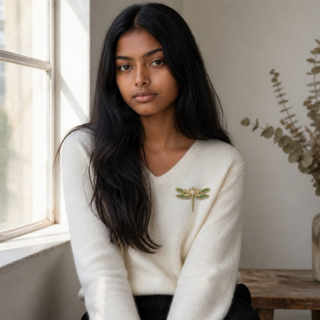 Daga-accessories dragonfly brooch with green enamel wings and crystal accents pinned on a woman's white sweater