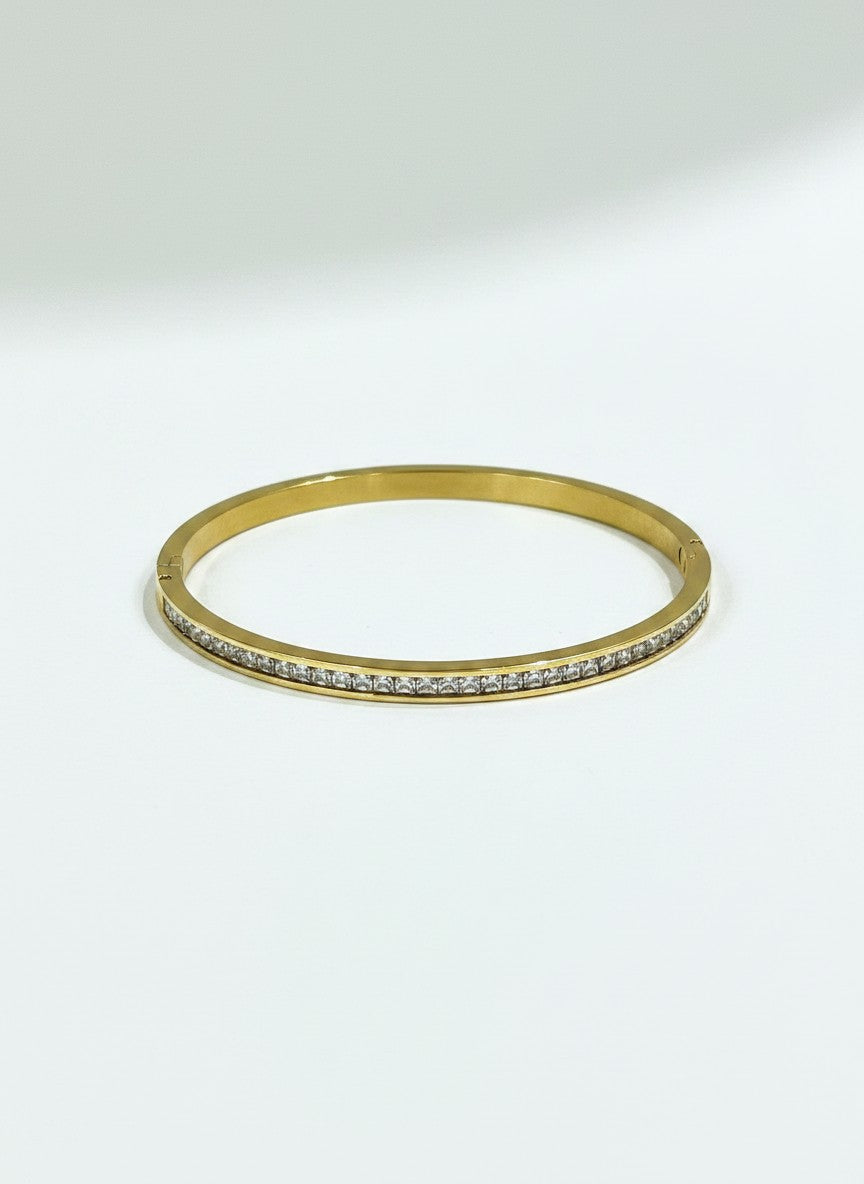 Daga-accessories gold-toned metal bangle bracelet featuring a row of clear crystals and a secure hinge closure.