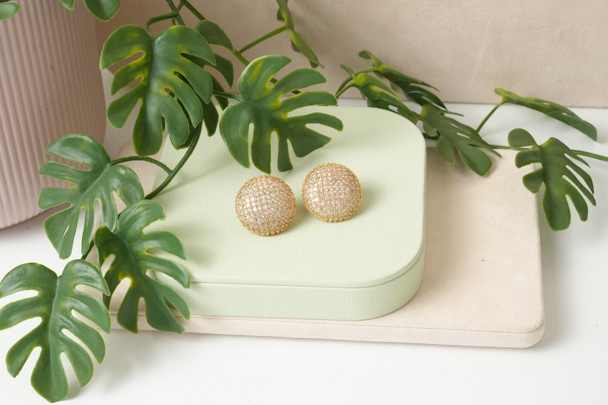 Daga-accessories gold-toned dome stud earrings with shimmering stones on a light green display box with foliage