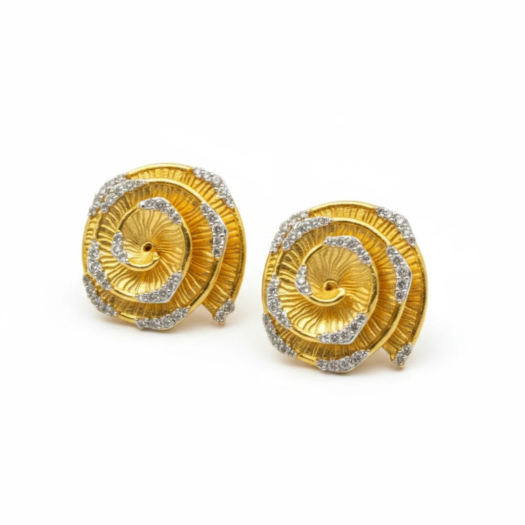 Daga-accessories gold flower stud earrings with intricate shaved texture and sparkling crystal accents