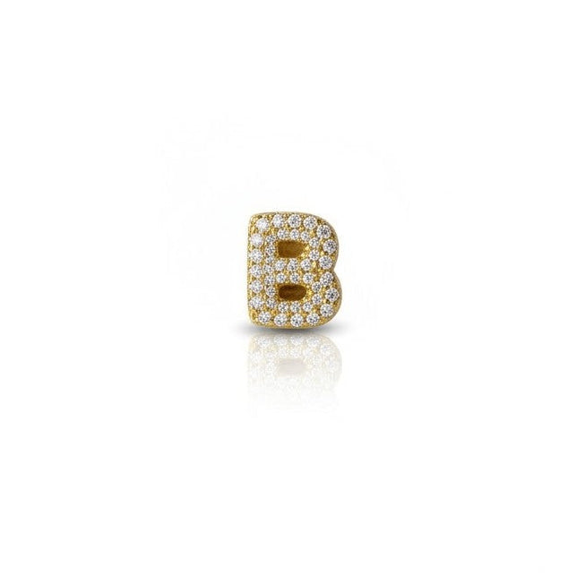 Daga-accessories gold-tone letter B charm pendant with sparkling pavé-style crystals on a white background.