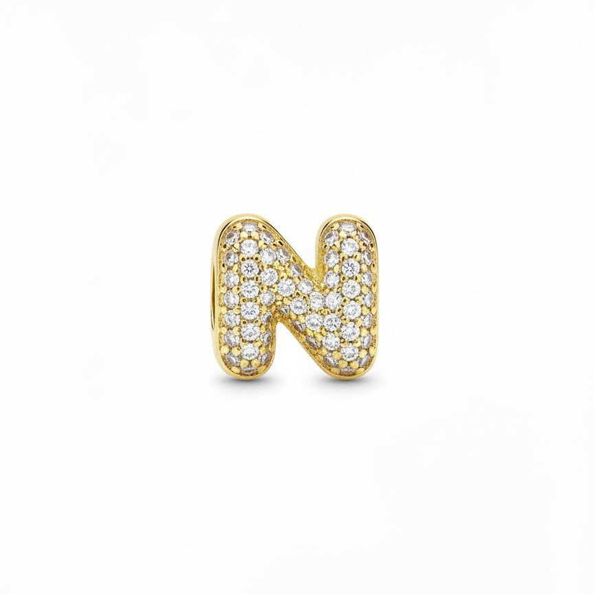 Daga-accessories gold-tone letter N alphabet charm with pavé-style sparkling crystals for bracelets or necklaces.