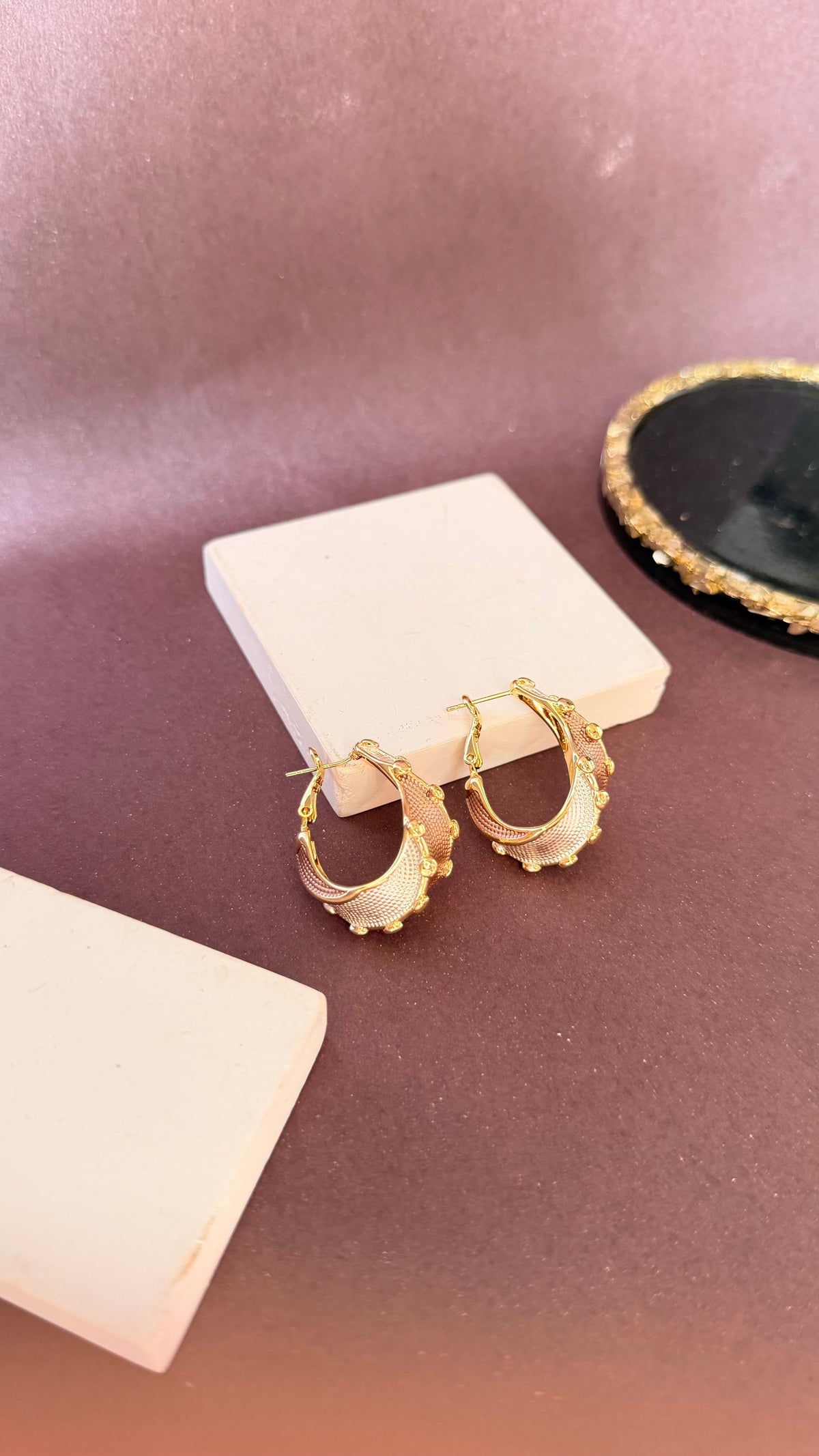 Daga-accessories mocha hoop earrings with silver and beige accents and delicate gold bead detailing