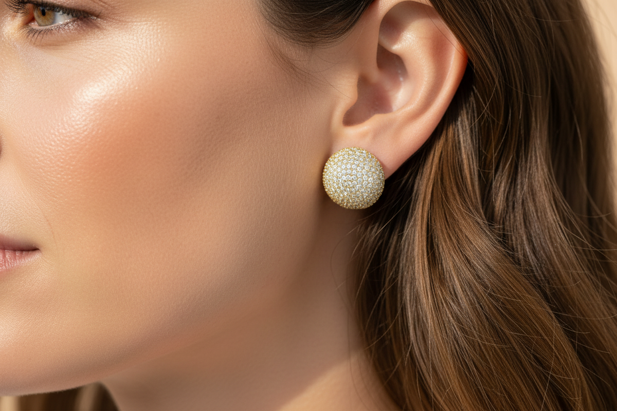 Gold Pave Stone Circular Hoop Earrings
