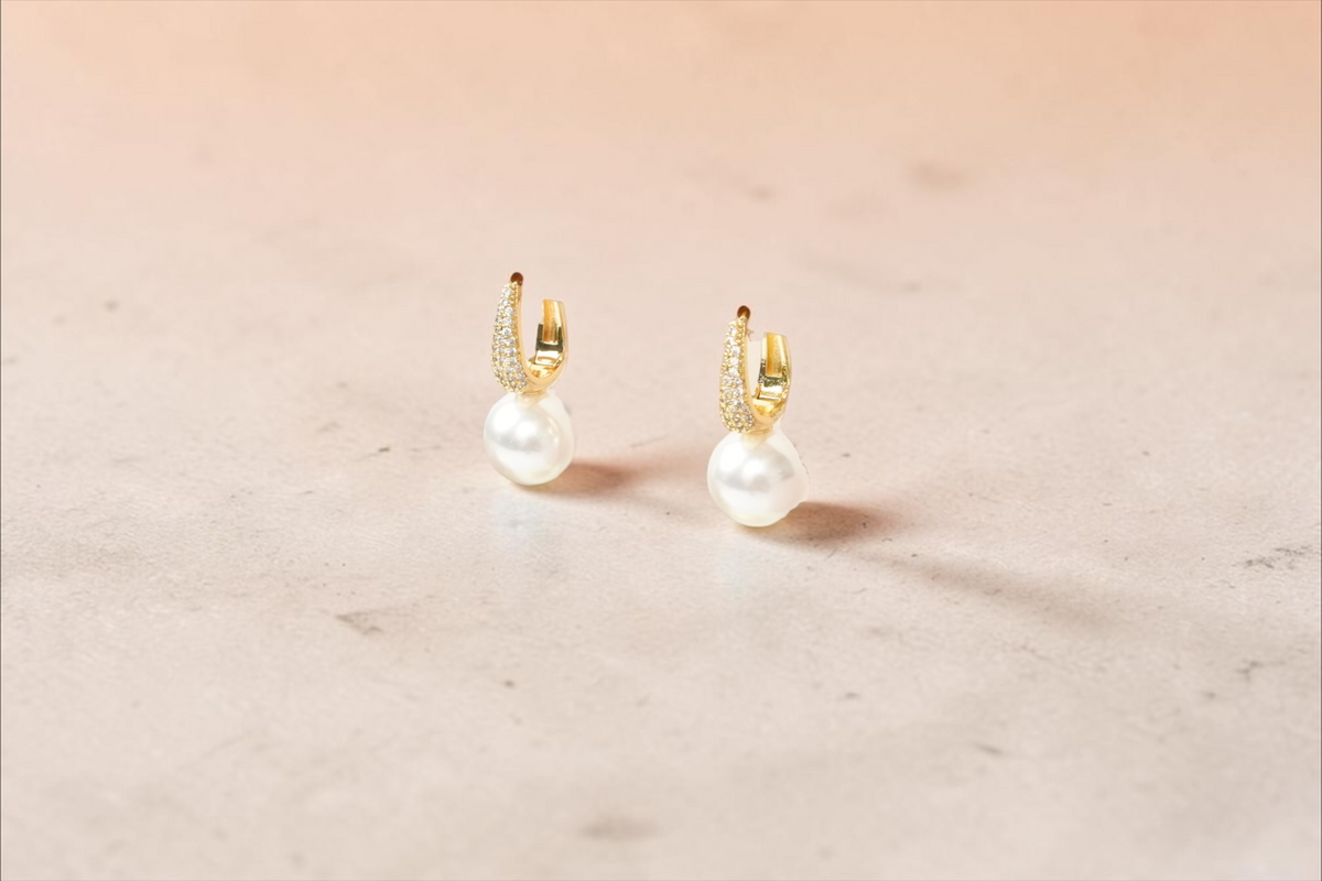 White Crystal Pearl Drop Hoops